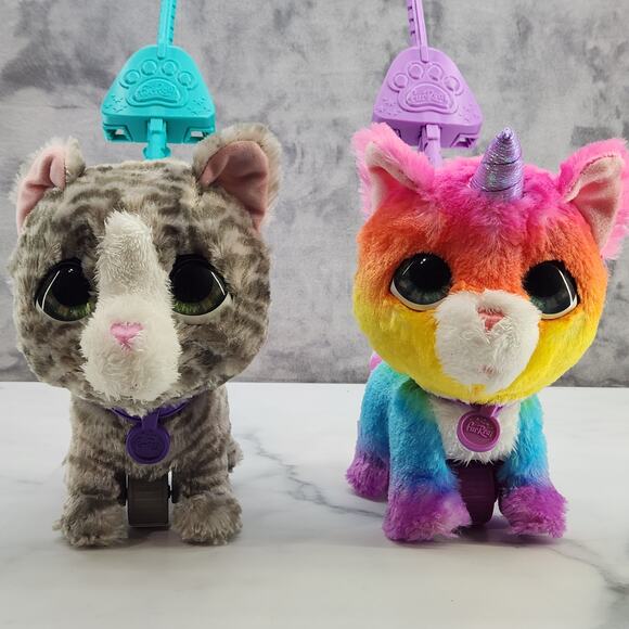 FurReal Friends Unicorn Cat & Gray Cat leash 2018 Hasbro walksalot toys works! - Picture 1 of 16